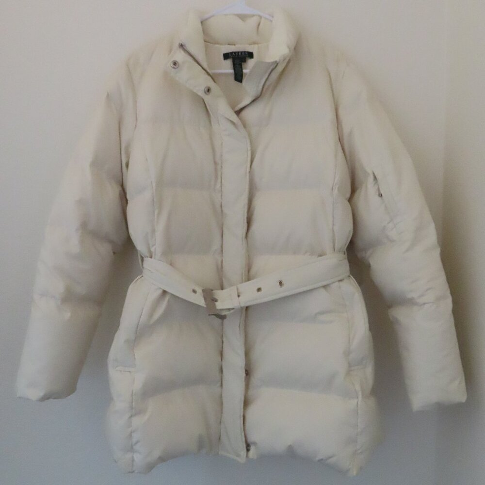 Women's Lauren by Ralph Lauren Belted Down Jacket / Coat Size L Cream